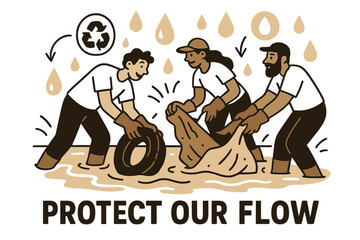 Naklejka premium River Cleanup Action. River Ecosystem ? River Cleanup. Volunteers lift debris with gloved hands; floating icons of recycling and water drops circle around.