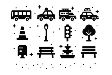 Naklejka premium LEGO City Icons. LEGO City Elements. Solid icons set of LEGO City Elements: bus, police car, fire truck, taxi, construction cone, lamppost, stoplight, tree,