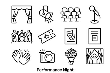 Performance Night Icons. Performance Night. Line icon set of Performance Night: red curtain, spotlight, audience seats, stage mic, live band, ticket, playbill,