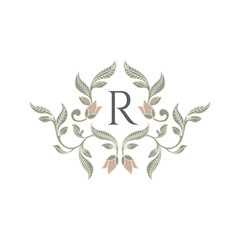 Monogram frame. Hand drawn classic floral pattern.