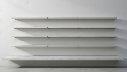 Obraz premium Modern minimalist empty shelves for product display, promoting organization in a simple, elegant style perfect for home decor and retail design
