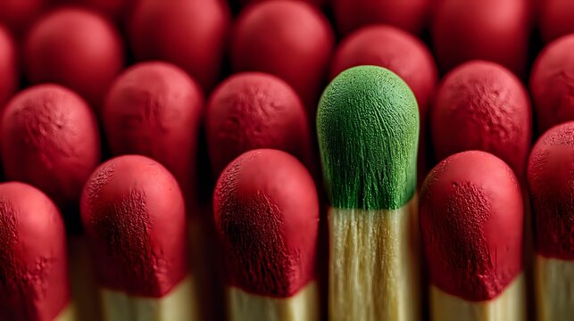 Green matchstick standing out from red matches in row, symbolizing individuality, leadership, and difference in business concept.