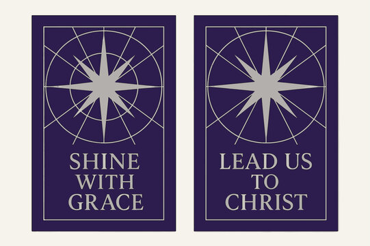 Graceful Morning Banners. Morning Star. Two vertical A6 banners with safe margins, centered composition, no elements touching edges, geometric, royal purple