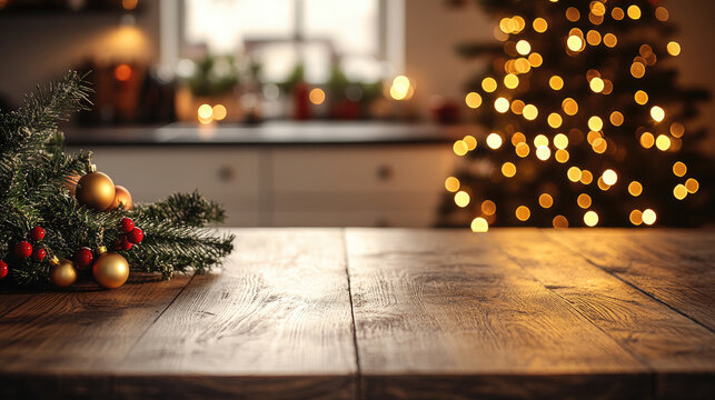 Empty wooden table providing christmas product placement opportunity in a blurred kitchen with christmas tree and lights, perfect for festive installations and presentations