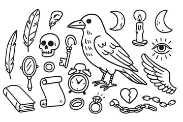 Obraz premium Raven Symbolism Icons. Raven symbolism. Hand-drawn doodle illustration Raven symbolism feather, skull, key, mirror, clock, moon, scroll, candle, eye, ring,
