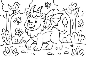 Chimera Forest Adventure. Friendly fantasy forest children?s coloring book illustration, outlined drawing, a cheerful chimera walking among trees with smiling