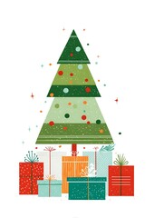 Geometric Christmas tree with colorful ornaments and wrapped presents underneath on white background, festive holiday illustration.