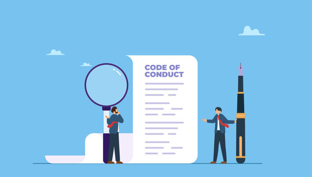 Businessman writing code of conduct document. Code of conduct, ethical policy or rules, regulation or principles guideline for work responsibility, compliance document or company standard.