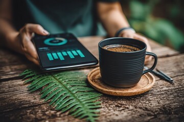 A cozy setup featuring a smartphone displaying data and a steaming cup of coffee on a wooden table, surrounded by greenery.