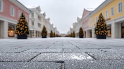 Obraz premium Snowy winter street adorned with twinkling Christmas trees in a charming village setting. Christmas and New Year. Winter Wonderland