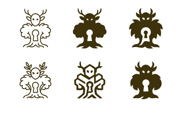 Forest Spirit Logos. A forest spirit guarding an ancient oak tree. Set Logo of a forest spirit guarding an ancient oak tree: keyhole in heartwood of oak. Icon