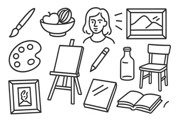 Art Supplies Icons. Realism painting. Hand-drawn doodle illustration realism painting brush, fruit bowl, portrait, light rays, frame, palette, easel, pencil,