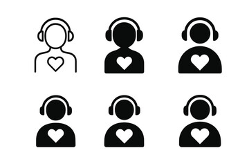 Music Therapy Icons. Music therapy for health. Set Logo of music therapy for health: patient with headphones and heart icon. Icon set. harmonious