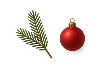 Christmas design elements, fir tree branch with red bauble ornament, festive holiday season decoration on transparent background