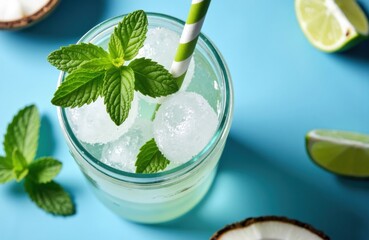 Refreshing mint lemonade with ice cubes and lime slices on a bright blue background