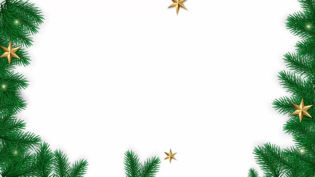 Merry Christmas scene with tree branches, stars, and a red ball, set against a white space background, animated for the Christmas holiday.