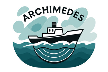 Fototapeta premium Archimedes' Buoyant Journey. Boat Displacement at Sea. A ship hull cuts through stylized waves; volume lines beneath show buoyant displacement. Floating