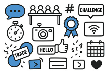 Bujo Meetup Icons. // Bujo meetup & challenges. Hand-drawn doodle illustration Bujo meetup & challenges [group chat bubble (accented), workshop table