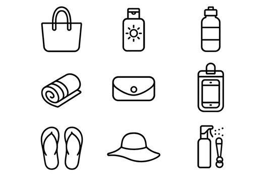 Poolside Essentials Icons. Poolside Essentials. Line icon set of Poolside Essentials: tote bag, sunscreen, water bottle, beach towel, sunglasses case, phone in
