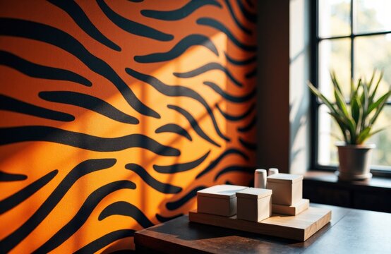 Vibrant orange and black zebra stripe wall with modern decor and natural light