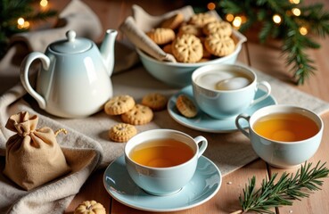 Fototapeta premium A cozy scene with tea cups, cookies, and festive decorations creating a warm holiday atmosphere