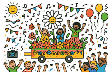 Fototapeta premium Vibrant Flower Parade. Flower parade. Colorful Hand-drawn doodle Children illustration Flower parade decorated float, garlands, crowd cheering, music notes,