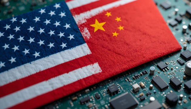 USA and China flags on circuit board symbolizing technology trade and geopolitical relations, perfect for illustrating global tech industry dynamics