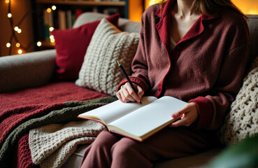 Woman writing in a notebook while sitting on a cozy sofa with cushions in a warmly lit living room
