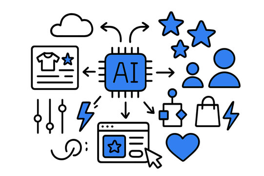 AI Recommendation Doodle. // AI recommendation engine. Hand-drawn doodle illustration AI recommendation engine [AI chip (accented), star icons (accented),