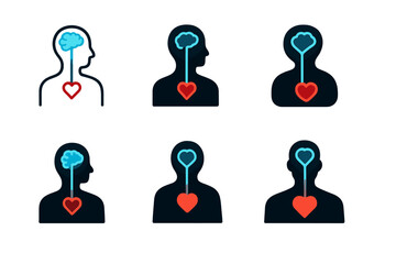 Fototapeta premium Mind-Body Connection Logos. Mind-body connection. Set Logo of Mind-body connection: human silhouette with glowing brain and heart link. Icon set. harmonious
