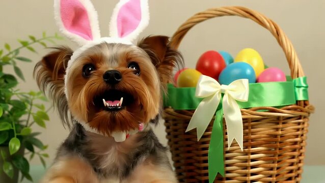 Small Breed Canine Wearing Festive Rabbit Ear Attire for Spring Holiday