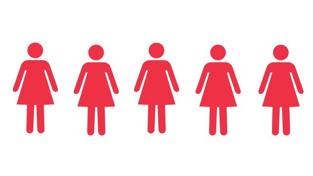 Animated row of red female icons or user symbols on a white background. Represents gender, demographics, social media users, or women's rights.