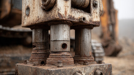 Close-up of rusty hydraulic pistons and joints on heavy industrial mining machinery