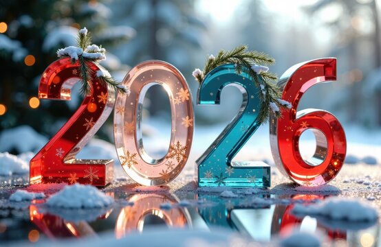 Celebrating the arrival of the year 2026 with festive decorations and snowy scenery