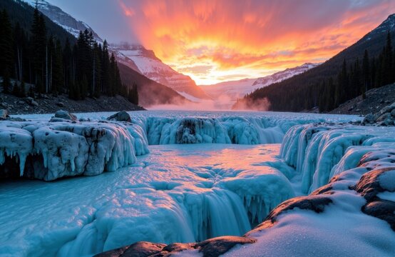 Sunset over icy river with waterfalls and snow-covered mountains in the background