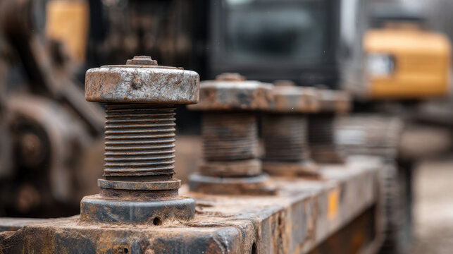 Close-up of large rusty bolts and metal components on heavy industrial construction machinery - Powered by Adobe