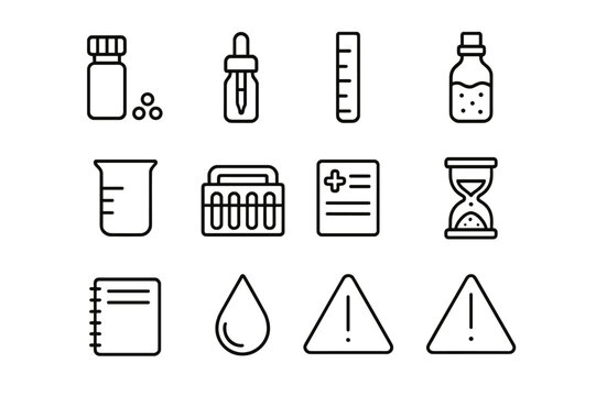 Homeopathy Icon Collection. Homeopathy. Line icon set of homeopathy: small vial, pellets, dropper bottle, dilution scale, succussion bottle, glass beaker,