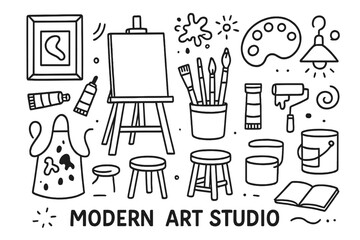 Art Studio Essentials. Modern art studio. Hand-drawn doodle illustration modern art studio easel, paint tubes, palette, brushes, stool, apron, splatter,