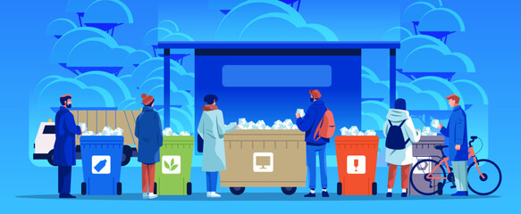 People sorting waste recycling bins environmental conservation group activity modern city background blue color scheme banner