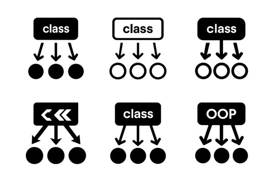 OOP Logo Variations. Object-oriented programming (OOP) chart. Set Logo of OOP: class-object relationship chart. Icon set. harmonious logo variations of the