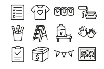 Community Painting Icons. Community Painting Day. Line icon set of Community Painting Day: sign up sheet, volunteer t shirt, paint buckets, roller trays, brush