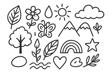 Fototapeta premium Nature Inspired Outlines. Nature?s colors. Hand-drawn doodle illustration Nature?s colors leaf, flower, butterfly, droplet, sun, cloud, mountain, tree, wave,