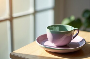 Fototapeta premium Colorful ceramic cup and saucer set placed on a wooden table with natural sunlight streaming through a window
