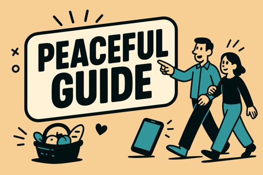 Peaceful Guide Banner. Peaceful Guide banner, flat vector illustration, bold oversized text inside sticker outline banner, cartoon characters walking and