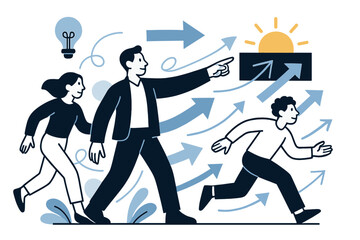 Obraz premium Vision and Strategy. Vision and leadership. Central figure pointing toward a rising sun icon on a horizon board; arrows show strategy pathways ahead. Calm,