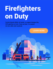 Firefighters on duty city emergency fire truck spraying water urban buildings teamwork modern flat website banner