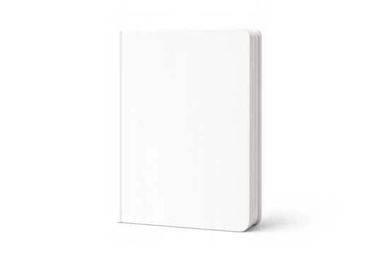 Minimalist blank white book or notebook mockup standing on side, closed diary template, transparent background