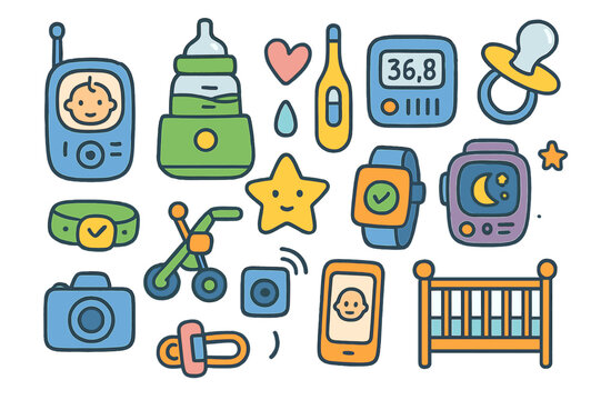 Modern Parenting Gadgets. New parent tech gadgets. Colorful Hand-drawn doodle Children illustration New parent tech gadgets baby monitor, smart bottle warmer,