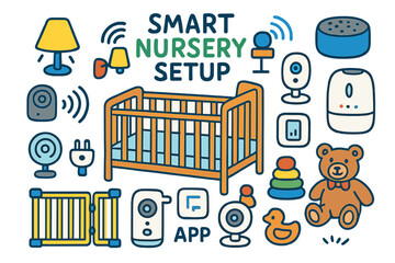 Obraz premium Smart Nursery Essentials. Smart nursery setup. Colorful Hand-drawn doodle Children illustration Smart nursery setup crib, night lamp, smart speaker,