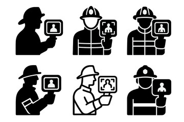 Firefighting Technology Logos. Firefighters and emergency services working with technology. Set Logo of firefighters and emergency services working with